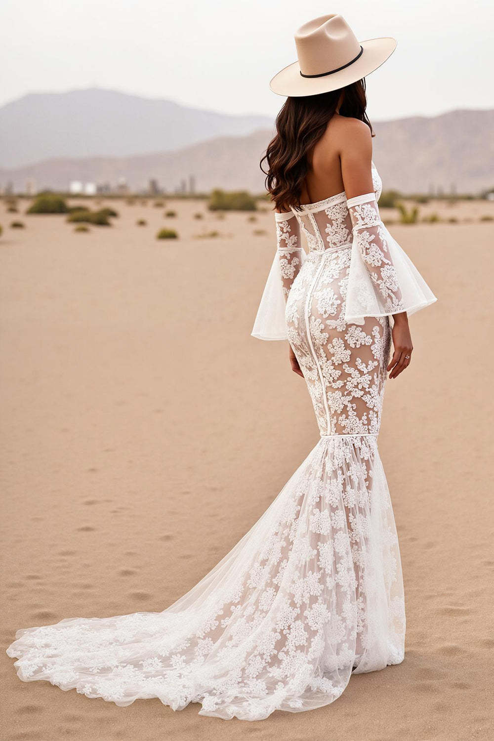 Mermaid Boho Corset White Lace Western Wedding Dress with Sleeves