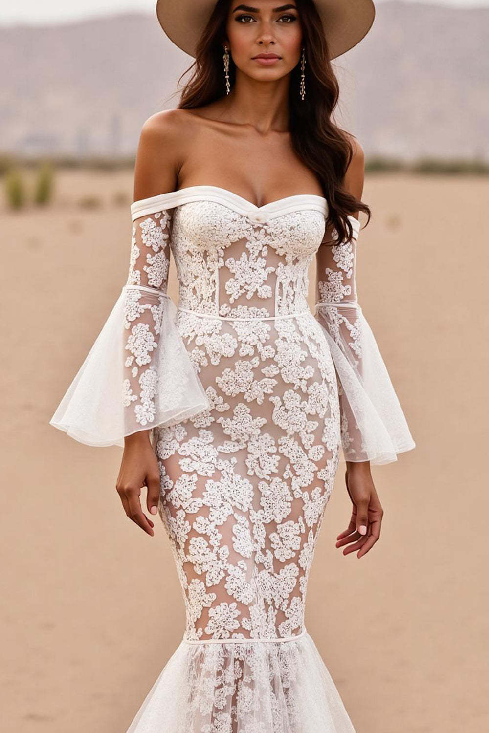 Mermaid Boho Corset White Lace Western Wedding Dress with Sleeves