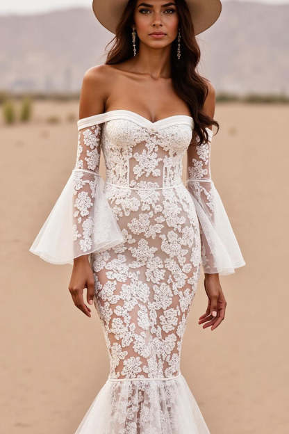 Mermaid Boho Corset White Lace Western Wedding Dress with Sleeves