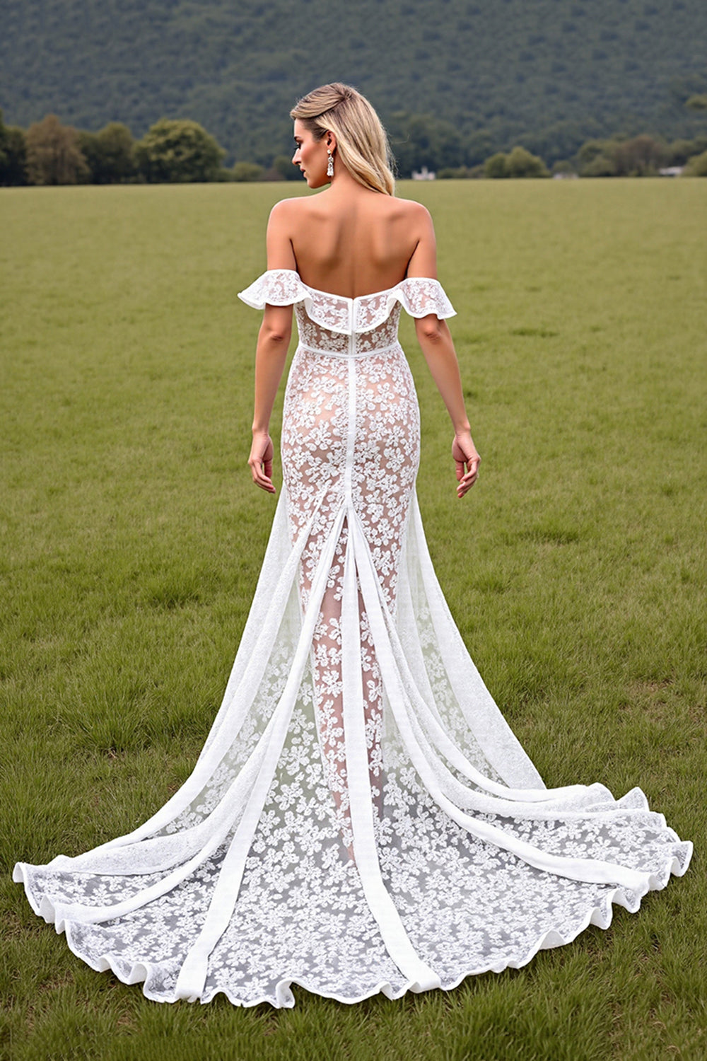 High-Low Boho White Lace Corset Off the Shouder Western Wedding Dress