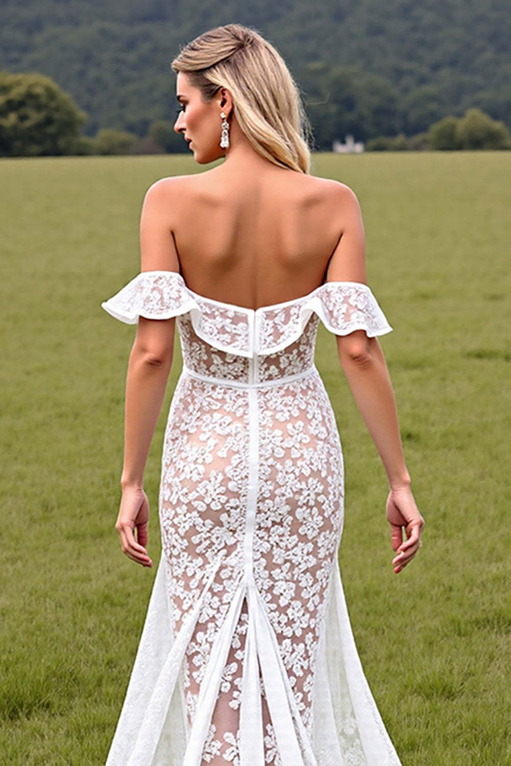 High-Low Boho White Lace Corset Off the Shouder Western Wedding Dress