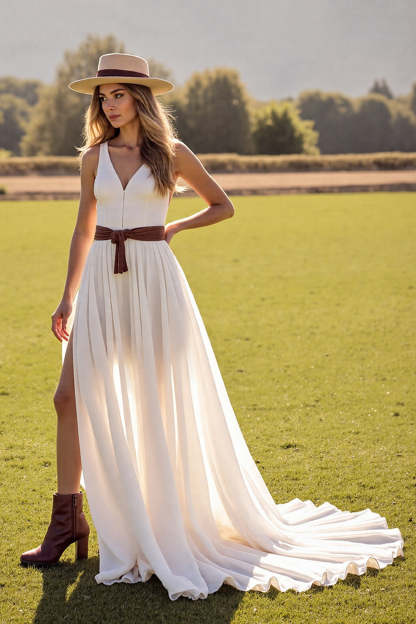 Leely Women White Boho Chiffon Sweep Train Western Wedding Dress V-Neck A Line Cowgirl Wedding Dress with Slit