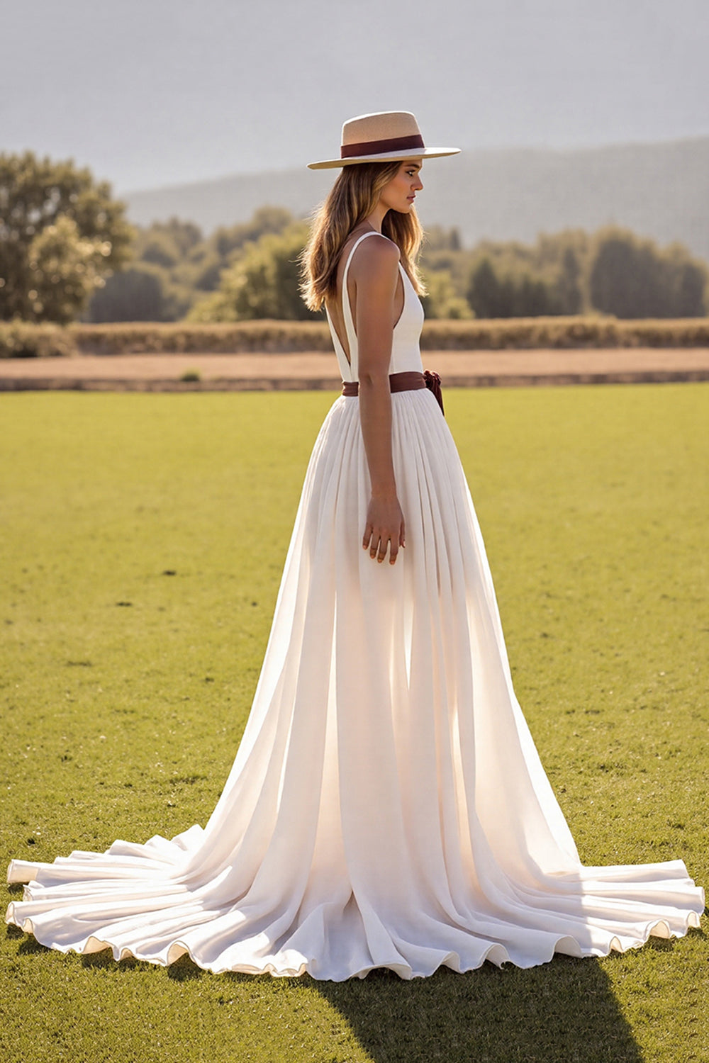 Boho Chiffon White V-Neck Sweep Train Western Wedding Dress with Slit