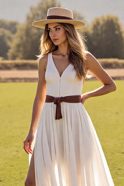 Boho Chiffon White V-Neck Sweep Train Western Wedding Dress with Slit