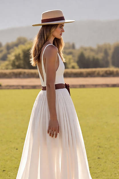 Boho Chiffon White V-Neck Sweep Train Western Wedding Dress with Slit