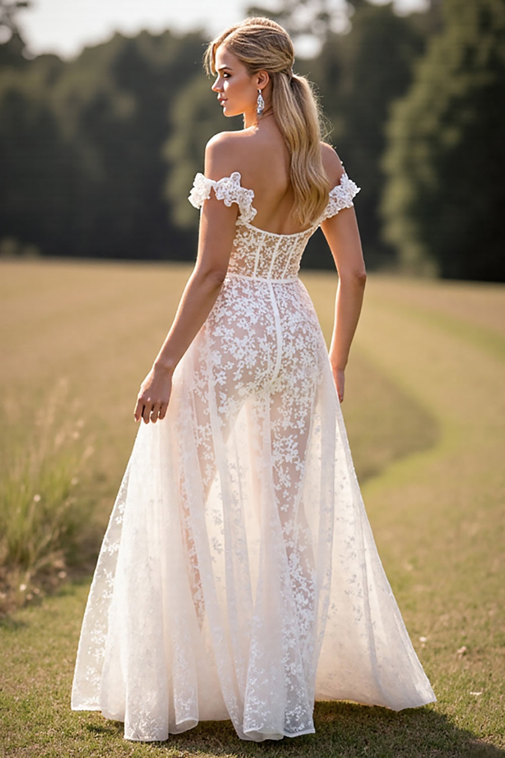 White Corset Lace A Line Sweep Train Boho Western Wedding Dress with Slit