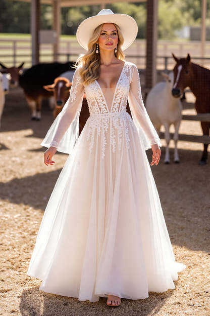 Leely Women White Boho Sweep Train Western Wedding Dress A Line Corset Long Sleeves Backless Cowgirl Wedding Dress with Appliques
