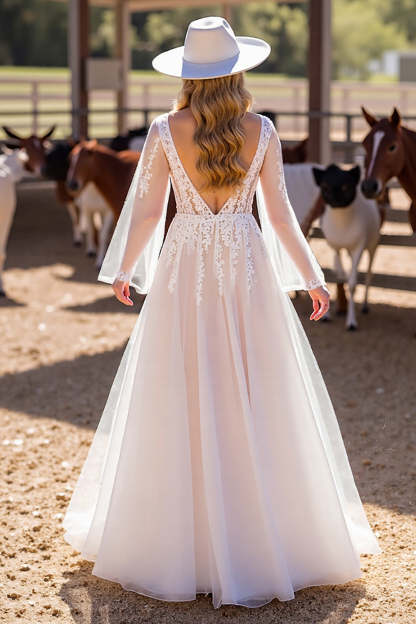 White Corset Long Sleeves A Line Western Wedding Dress with Appliques