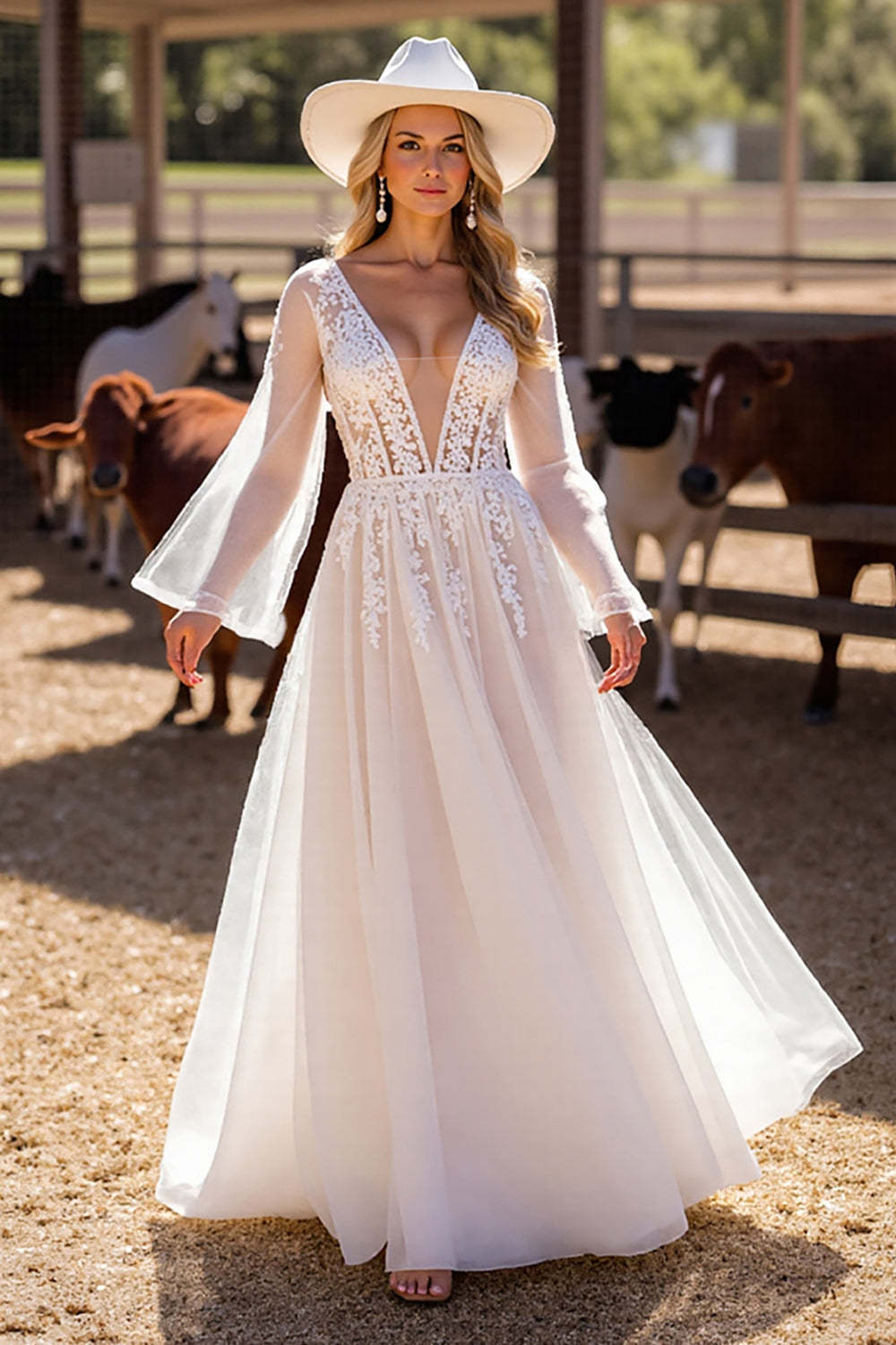 White Corset Long Sleeves A Line Western Wedding Dress with Appliques