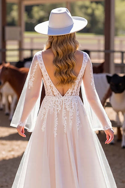 White Corset Long Sleeves A Line Western Wedding Dress with Appliques