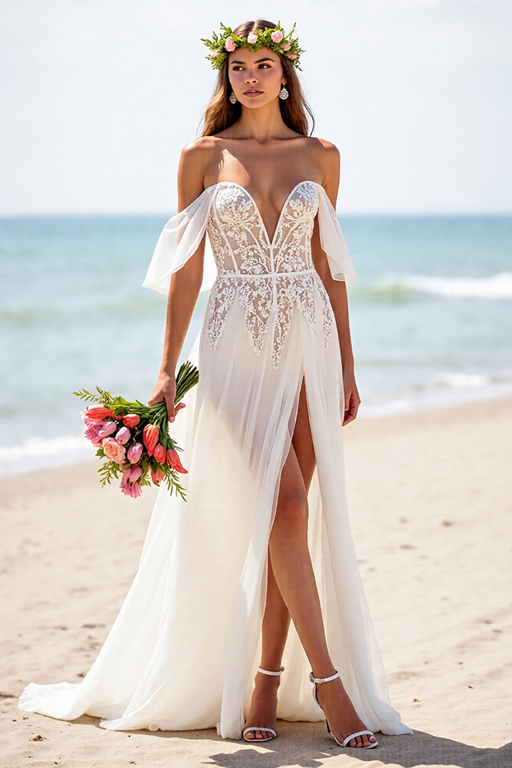 White Corset A Line Chiffon Beach Wedding Dress with Lace