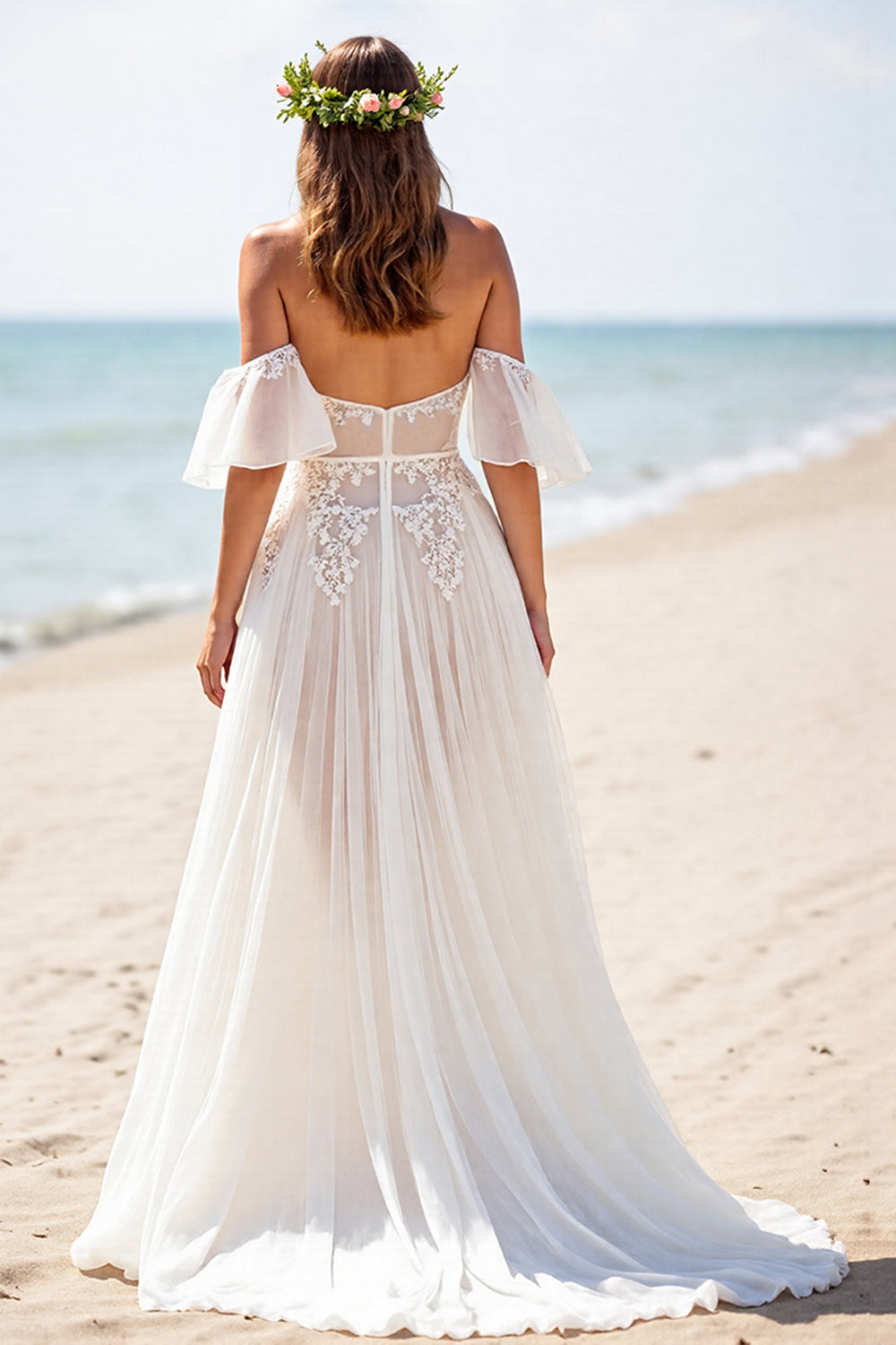 White Corset A Line Chiffon Beach Wedding Dress with Lace
