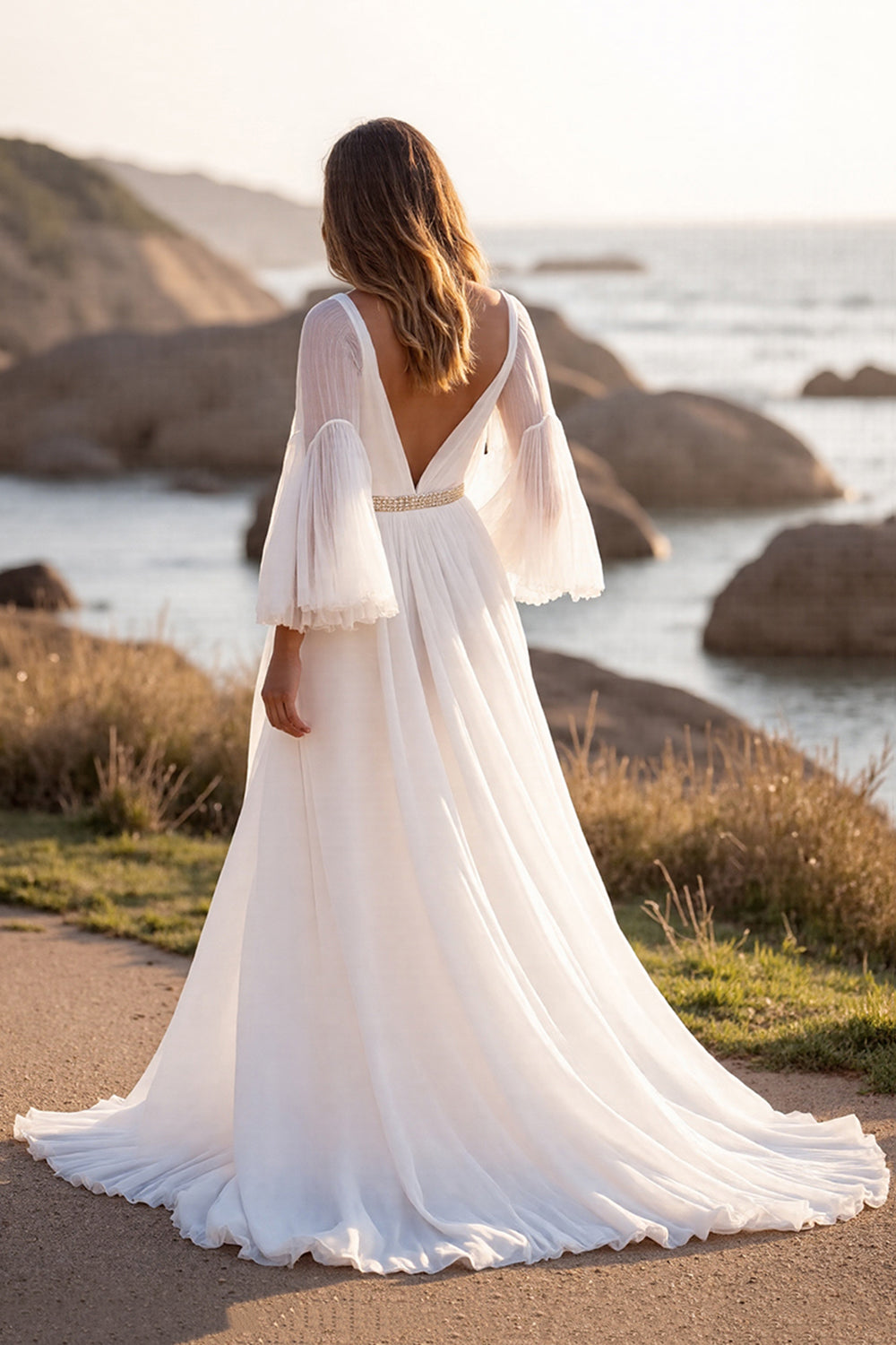 White Chiffon V-Neck A Line Sweep Train Boho Wedding Dress with Slit