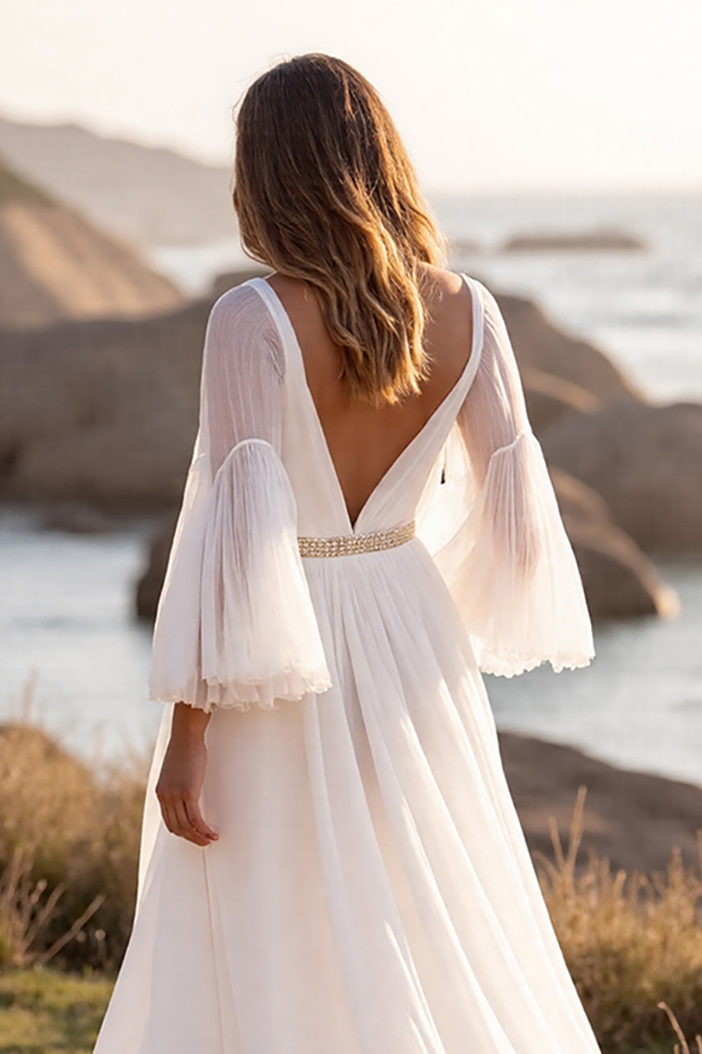 White Chiffon V-Neck A Line Sweep Train Boho Wedding Dress with Slit
