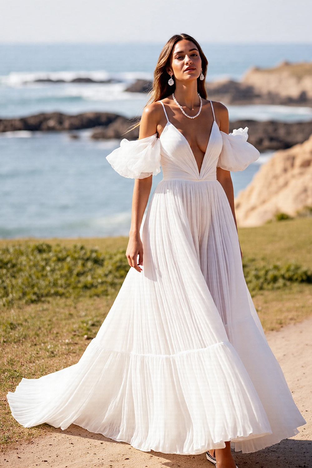 White V-Neck Puff Sleeves Sweep Train A Line Wedding Dress