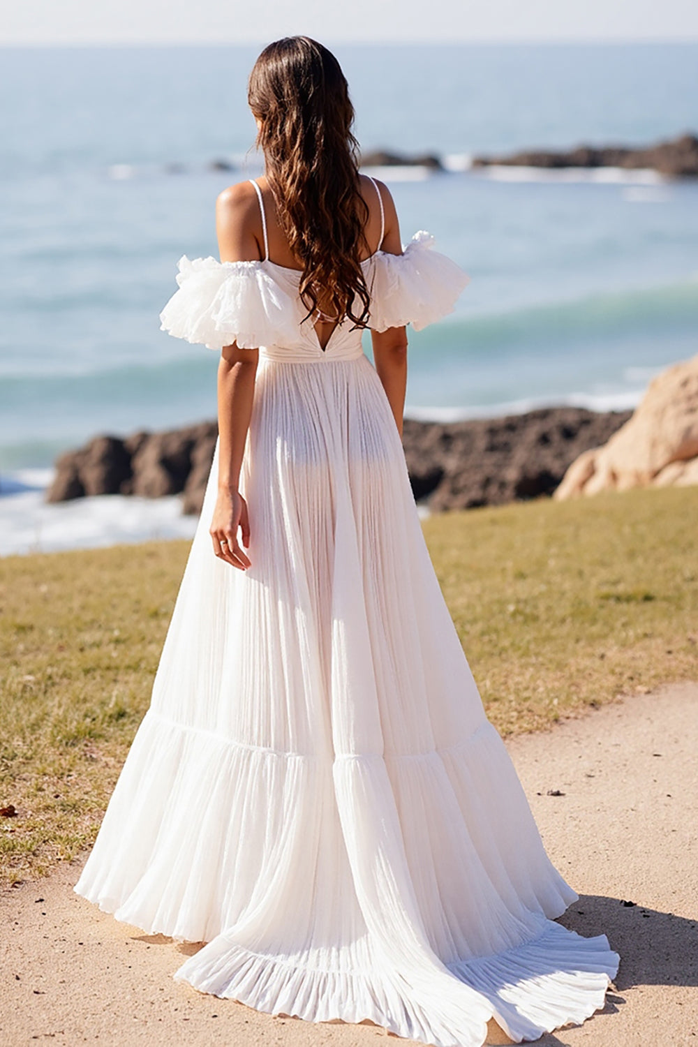White V-Neck Puff Sleeves Sweep Train A Line Wedding Dress