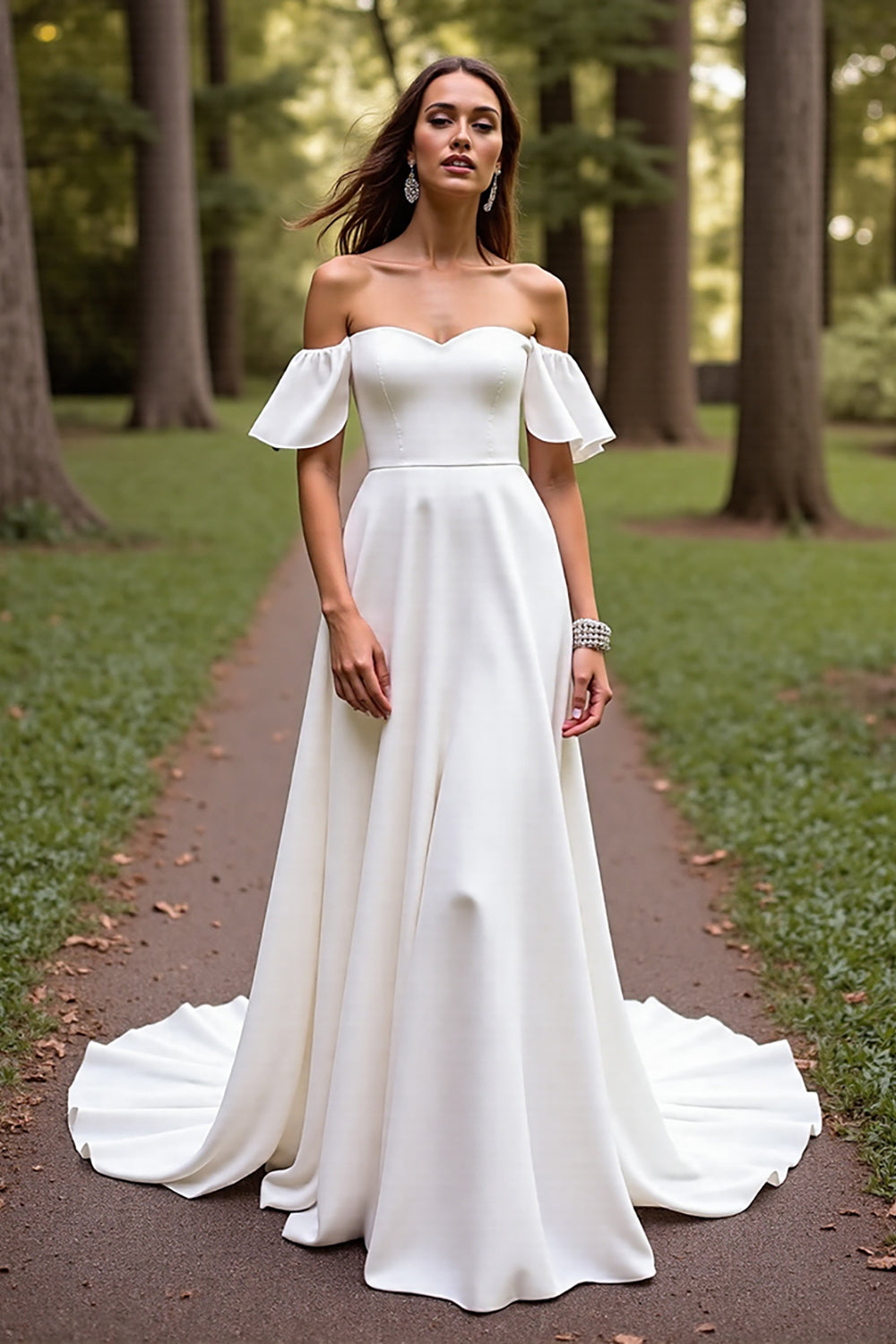 Leely Women White Satin A Line Wedding Dress with Sleeves Off the Shoulder Sweep Train Bridal Dress