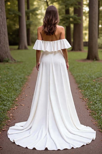 White Satin A Line Sweep Train Wedding Dress with Sleeves