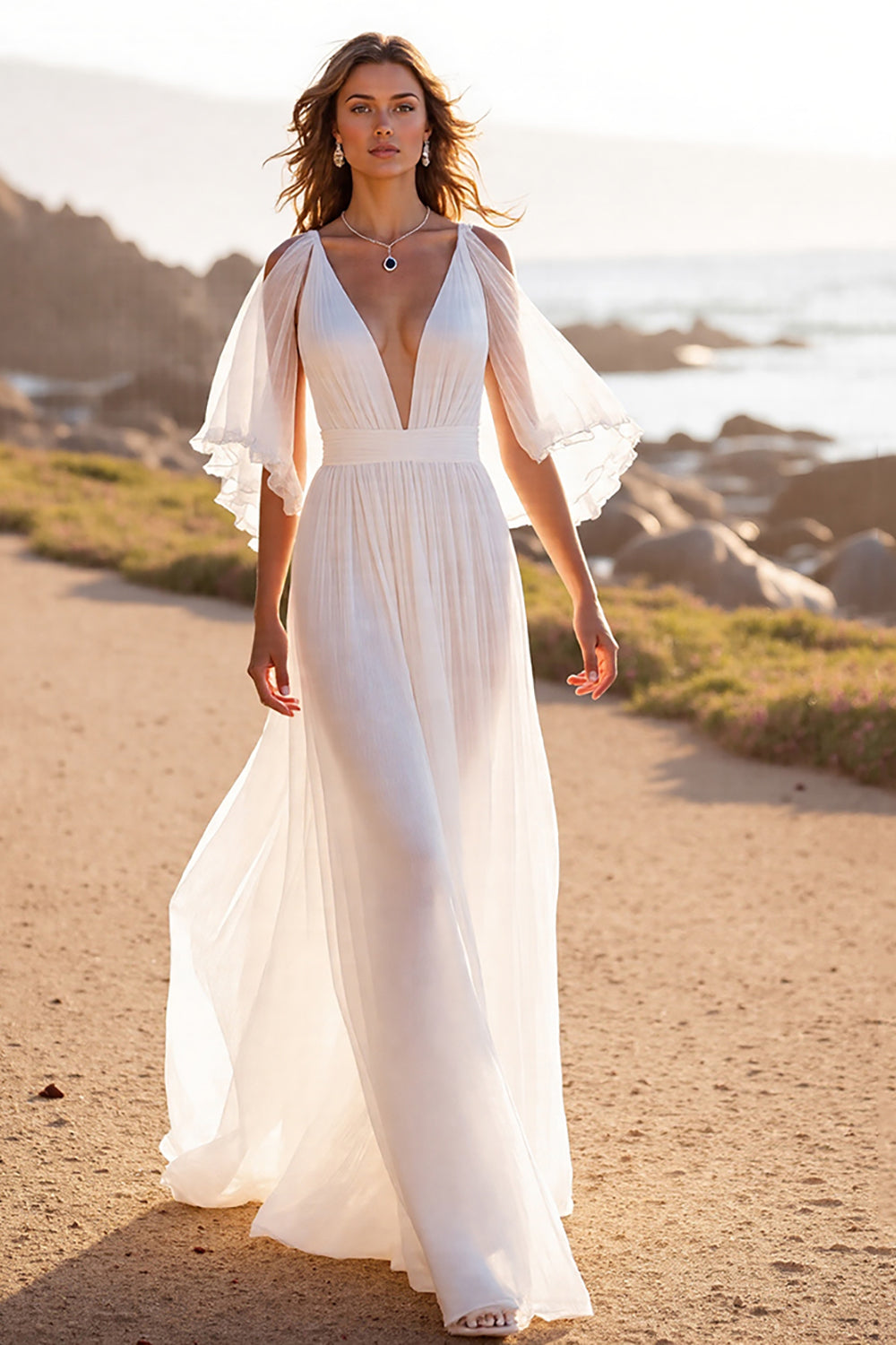 V-Neck White Chiffon Sweep Train Boho Wedding Dress with Ruffles