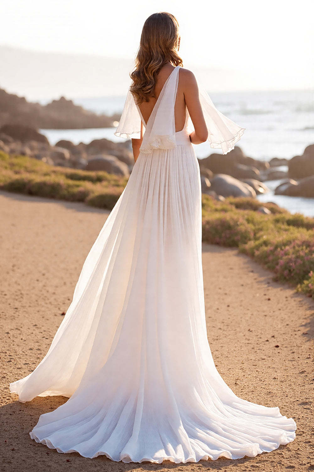 V-Neck White Chiffon Sweep Train Boho Wedding Dress with Ruffles