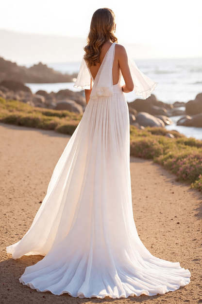 V-Neck White Chiffon Sweep Train Boho Wedding Dress with Ruffles