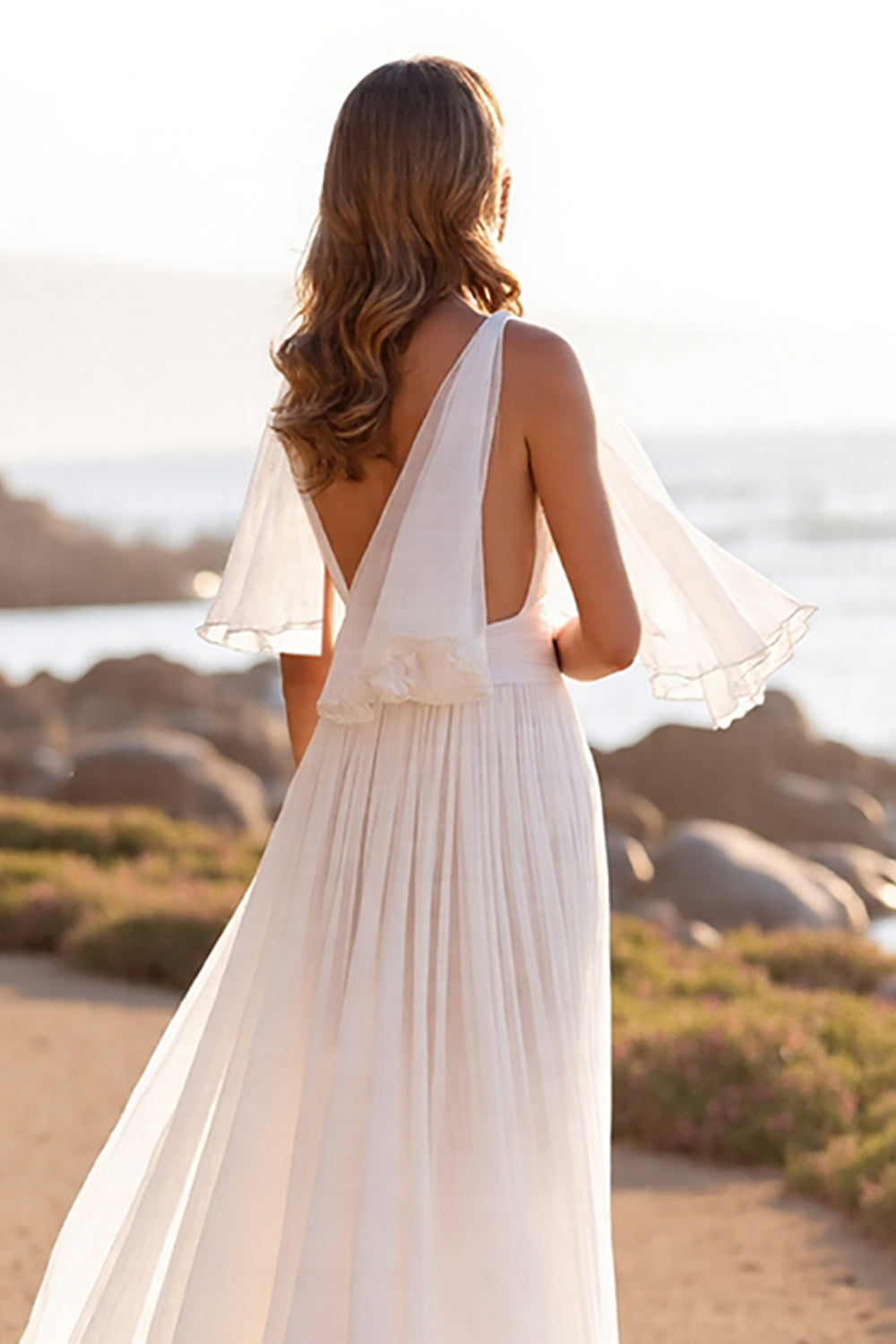 V-Neck White Chiffon Sweep Train Boho Wedding Dress with Ruffles