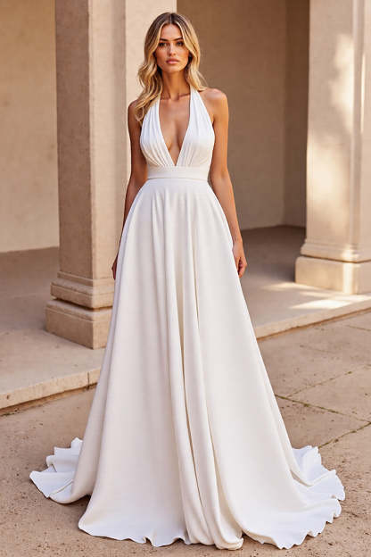Leely Women White Satin A Line Sweep Train Wedding Dress Backless Halter Sleeveless Bridal Dress