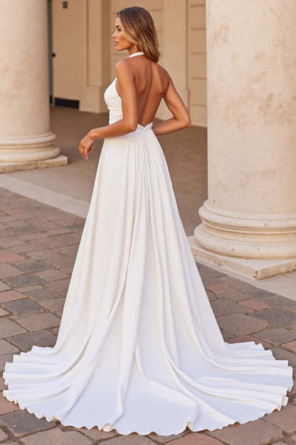 Satin White Halter A Line Backless Sweep Train Wedding Dress