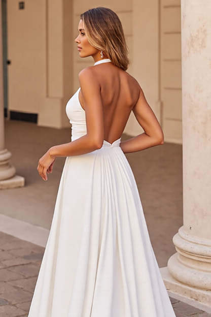 Satin White Halter A Line Backless Sweep Train Wedding Dress