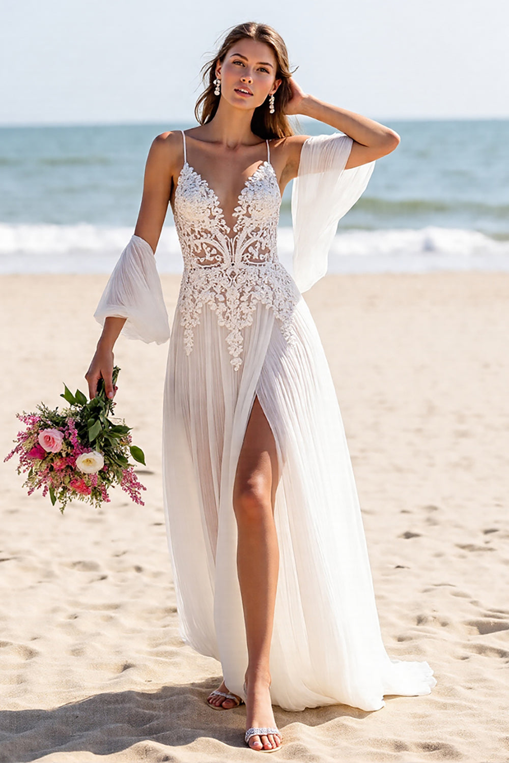 Chiffon White Spaghetti Straps Boho Maxi Wedding Dress with Sleeves