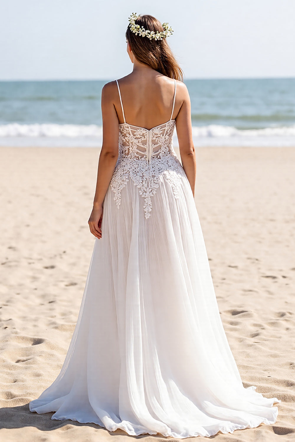 Chiffon White Spaghetti Straps Boho Maxi Wedding Dress with Sleeves
