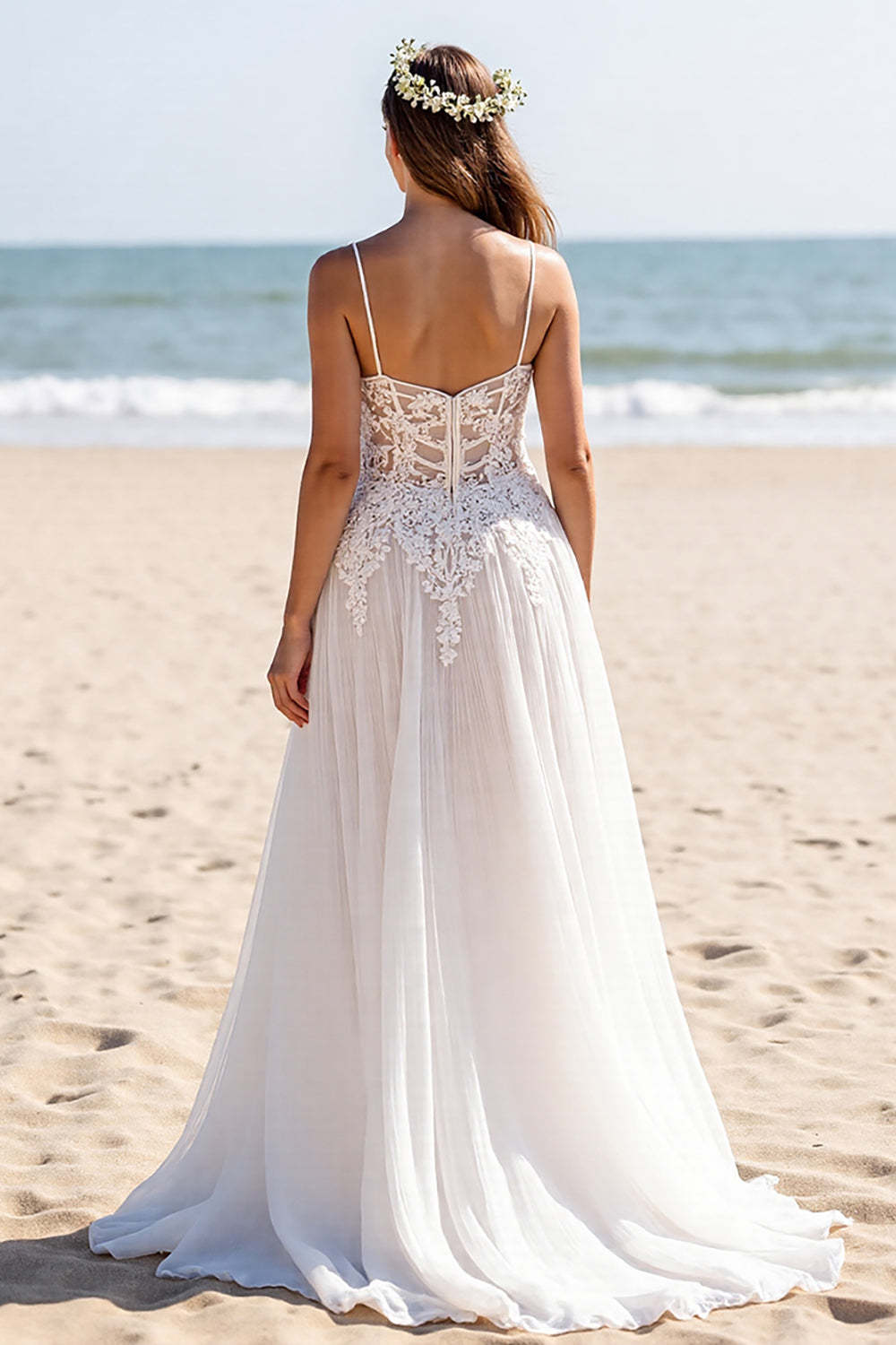 Chiffon White Spaghetti Straps Boho Maxi Wedding Dress with Sleeves