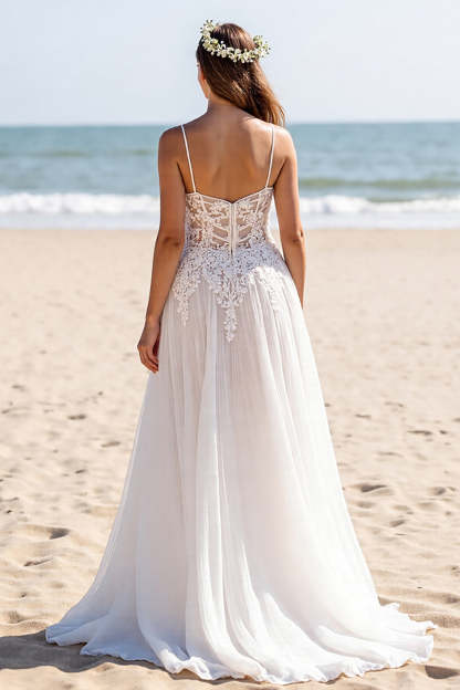 Chiffon White Spaghetti Straps Boho Maxi Wedding Dress with Sleeves