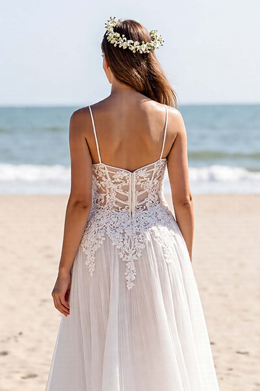 Chiffon White Spaghetti Straps Boho Maxi Wedding Dress with Sleeves