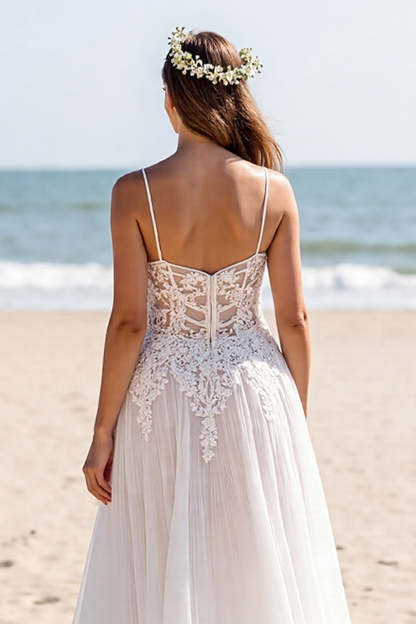 Chiffon White Spaghetti Straps Boho Maxi Wedding Dress with Sleeves