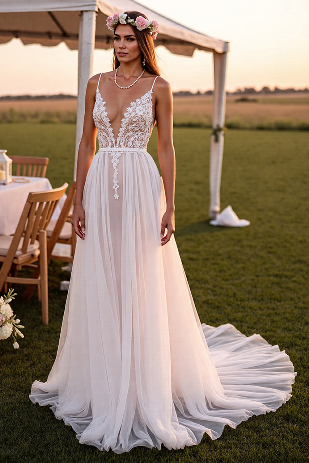 Spaghetti Straps White Boho Maxi A Line Wedding Dress with Lace
