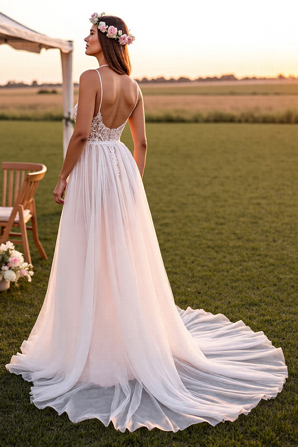 Spaghetti Straps White Boho Maxi A Line Wedding Dress with Lace