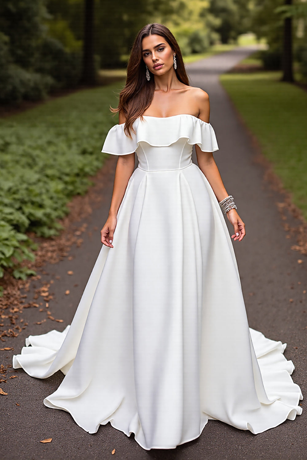 Satin A Line White Off the Shoulder Sweep Train Wedding Dress with Ruffle