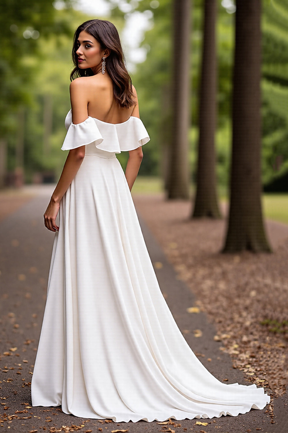 Satin A Line White Off the Shoulder Sweep Train Wedding Dress with Ruffle