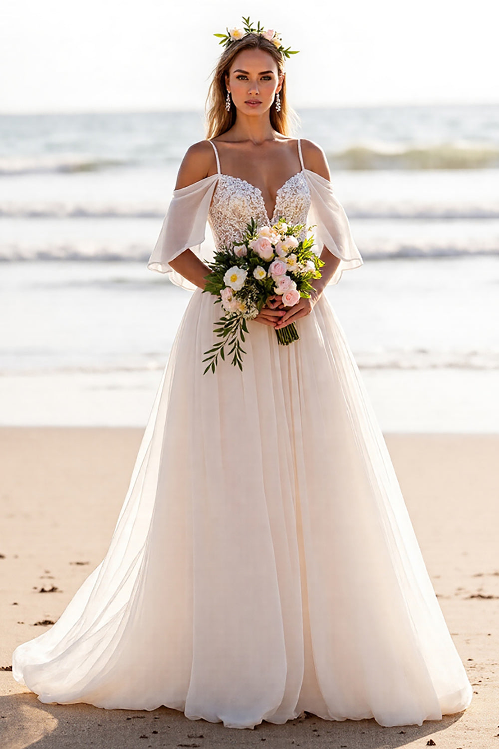 Chiffon White Cold Shoulder Maxi Beach Wedding Dress with Lace