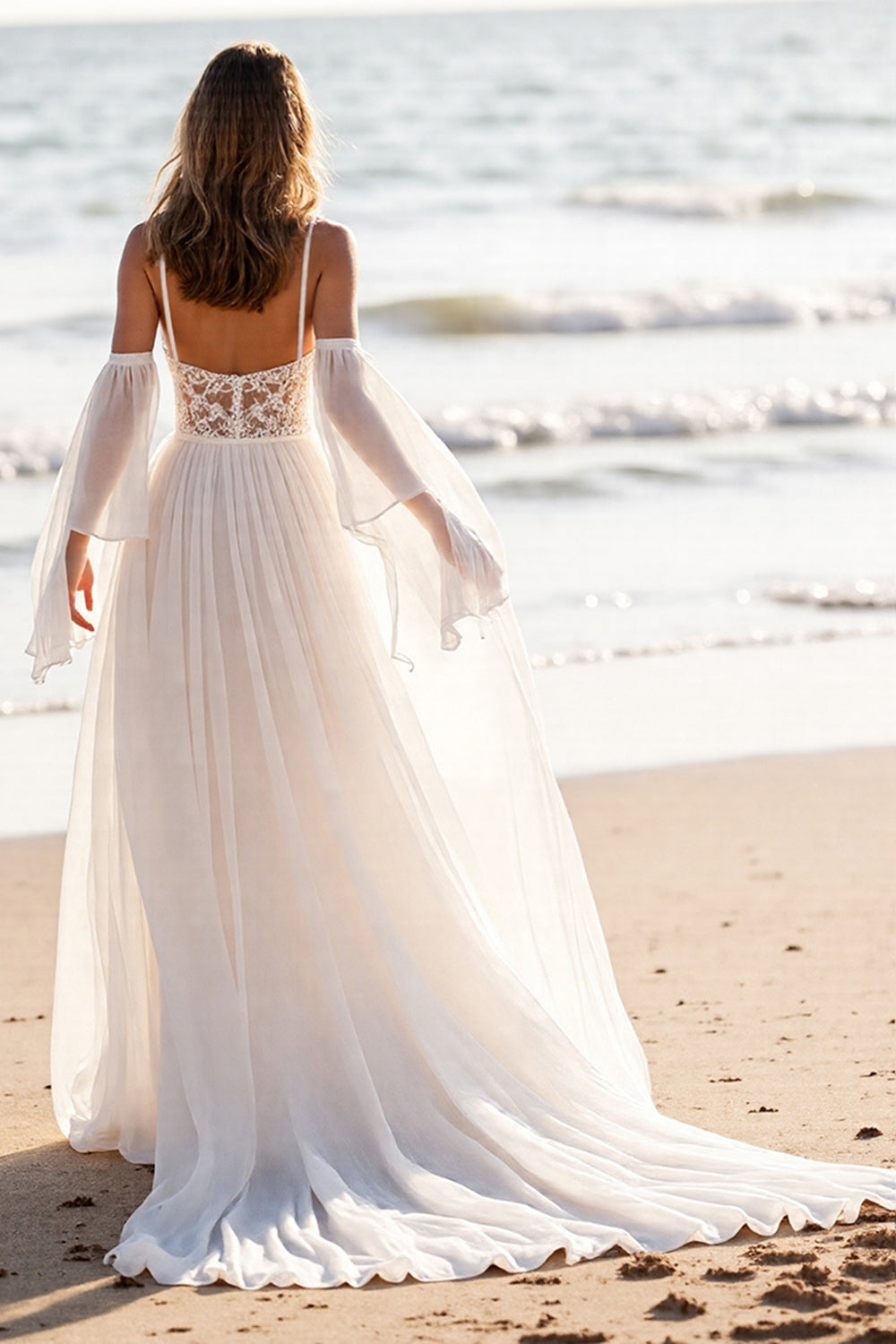 Chiffon White Cold Shoulder Maxi Beach Wedding Dress with Lace