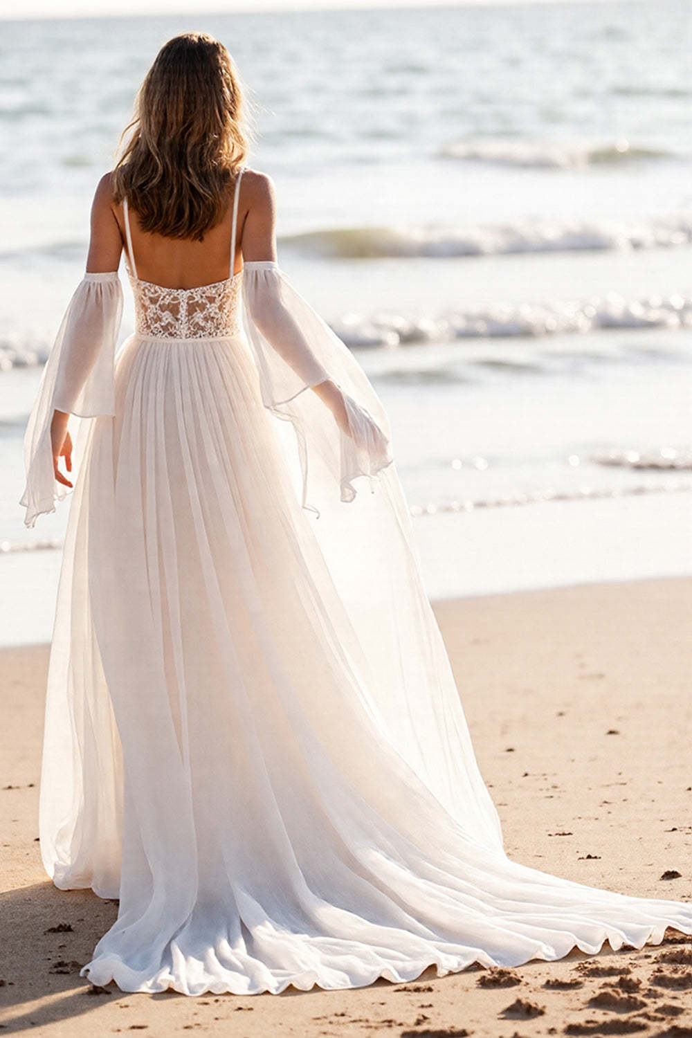 Chiffon White Cold Shoulder Maxi Beach Wedding Dress with Lace