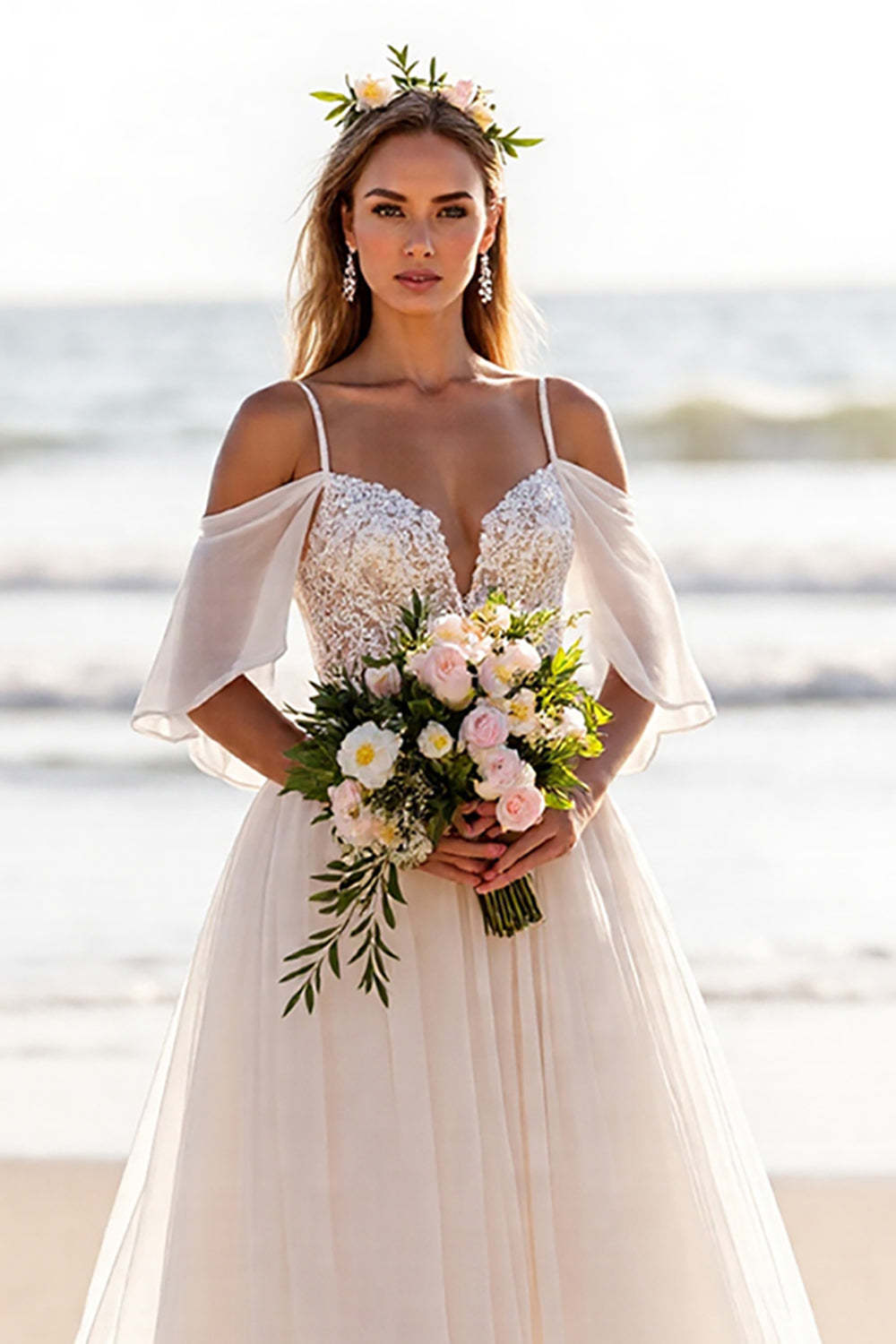Chiffon White Cold Shoulder Maxi Beach Wedding Dress with Lace