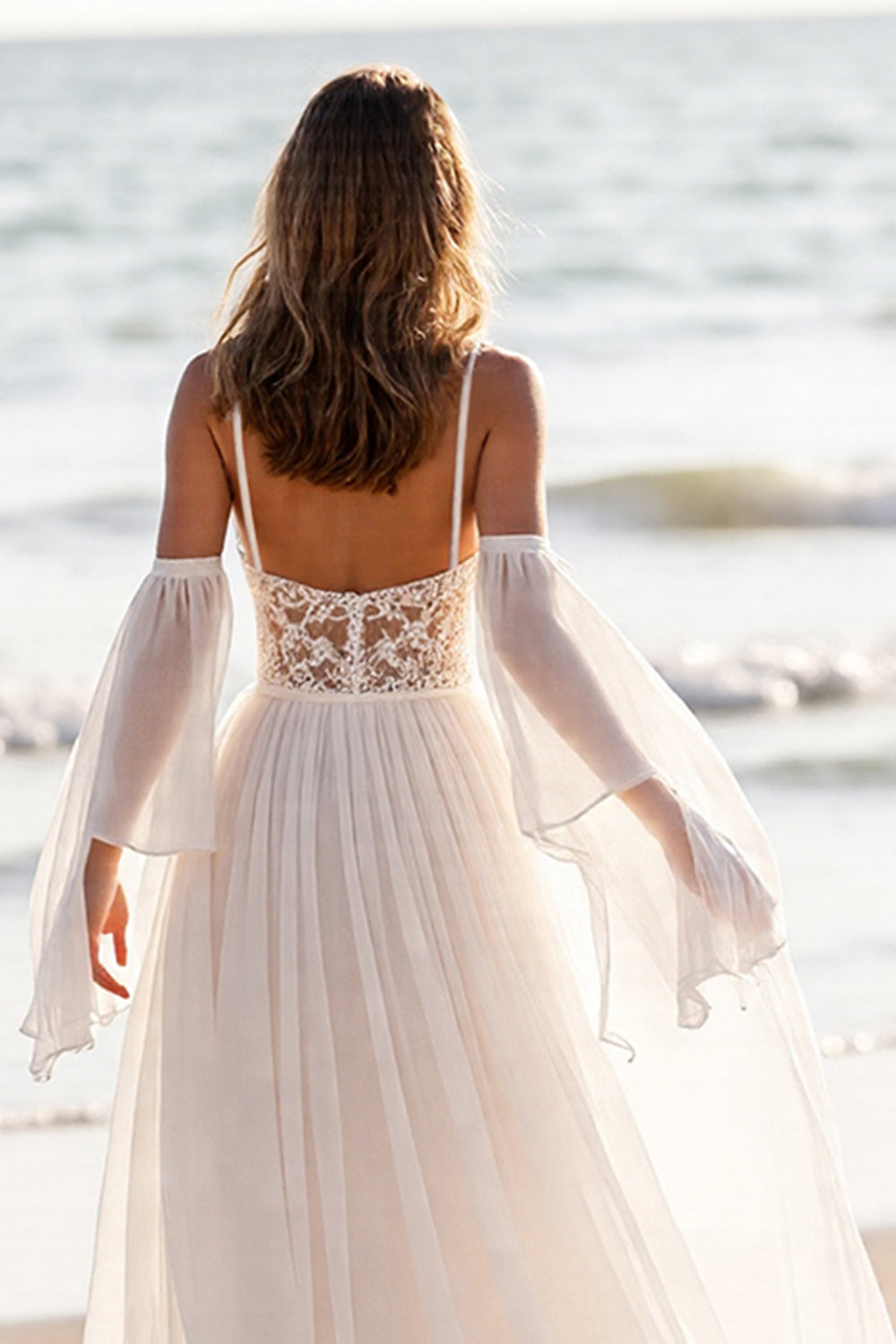 Chiffon White Cold Shoulder Maxi Beach Wedding Dress with Lace