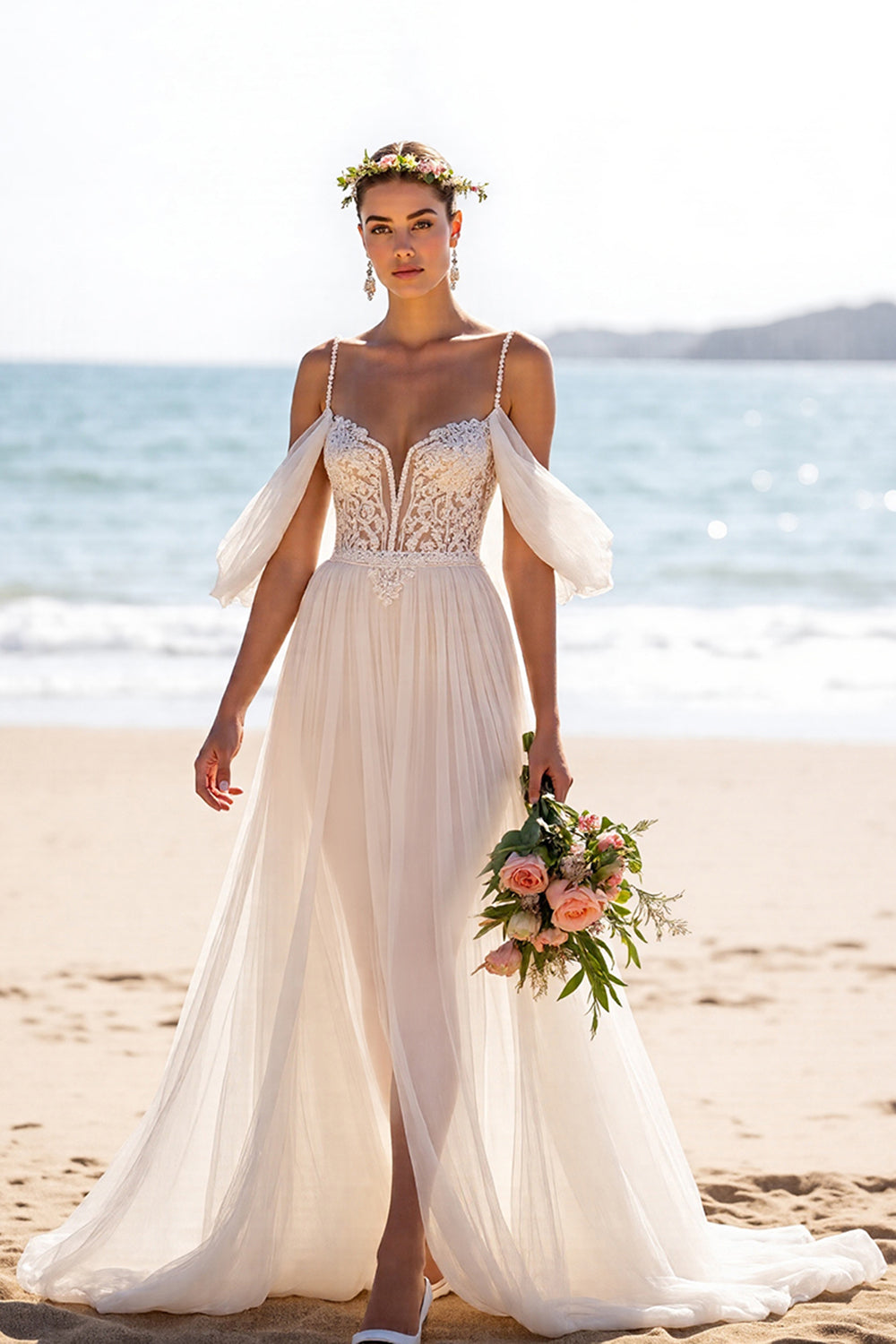 Boho Chiffon White A Line Maxi Beach Wedding Dress with Slit