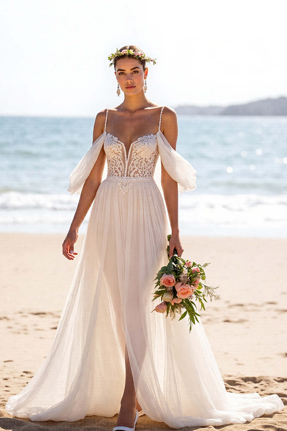Leely Women White Beach Chiffon Maxi Boho Wedding Dress with Lace A Line Spaghetti Straps Backless Bridal Dress with Slit