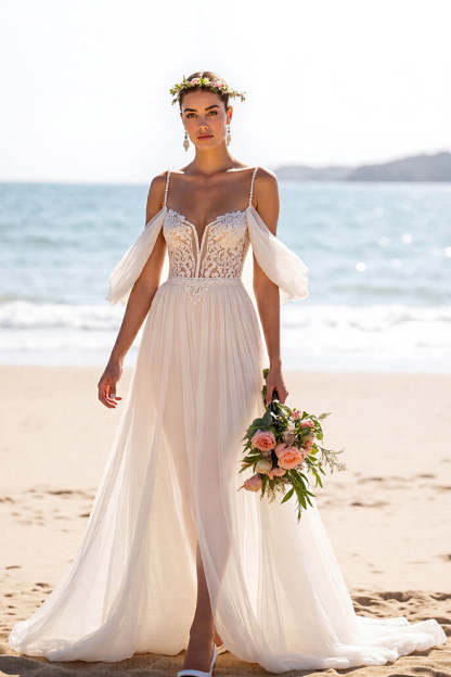 Leely Women White Beach Chiffon Maxi Boho Wedding Dress with Lace A Line Spaghetti Straps Backless Bridal Dress with Slit