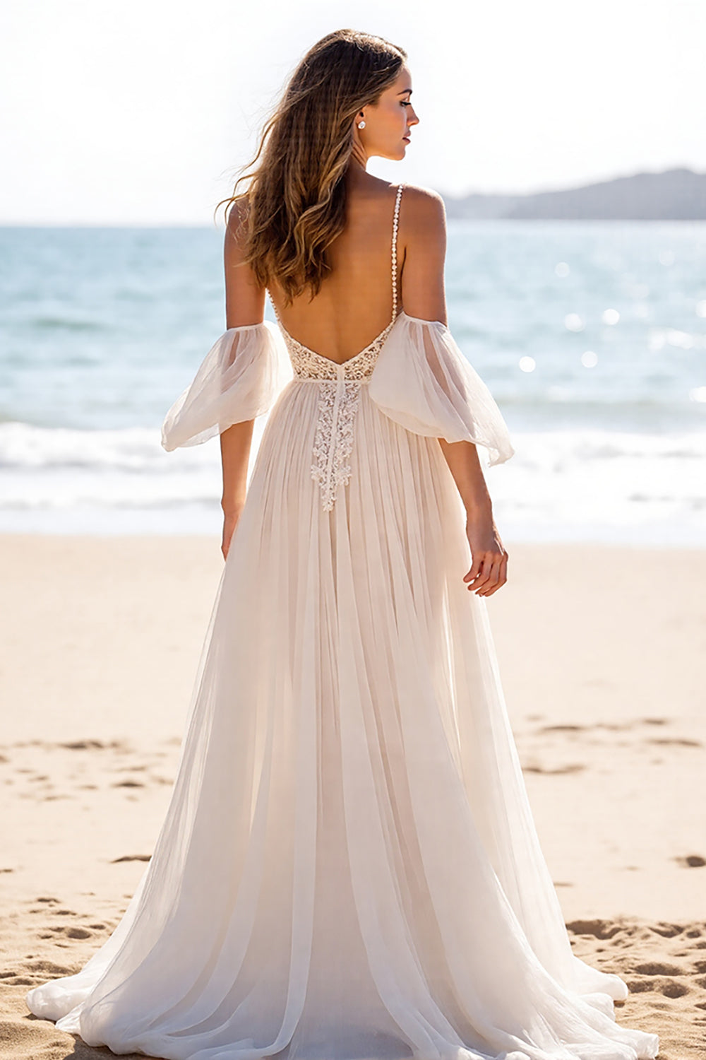 Boho Chiffon White A Line Maxi Beach Wedding Dress with Slit