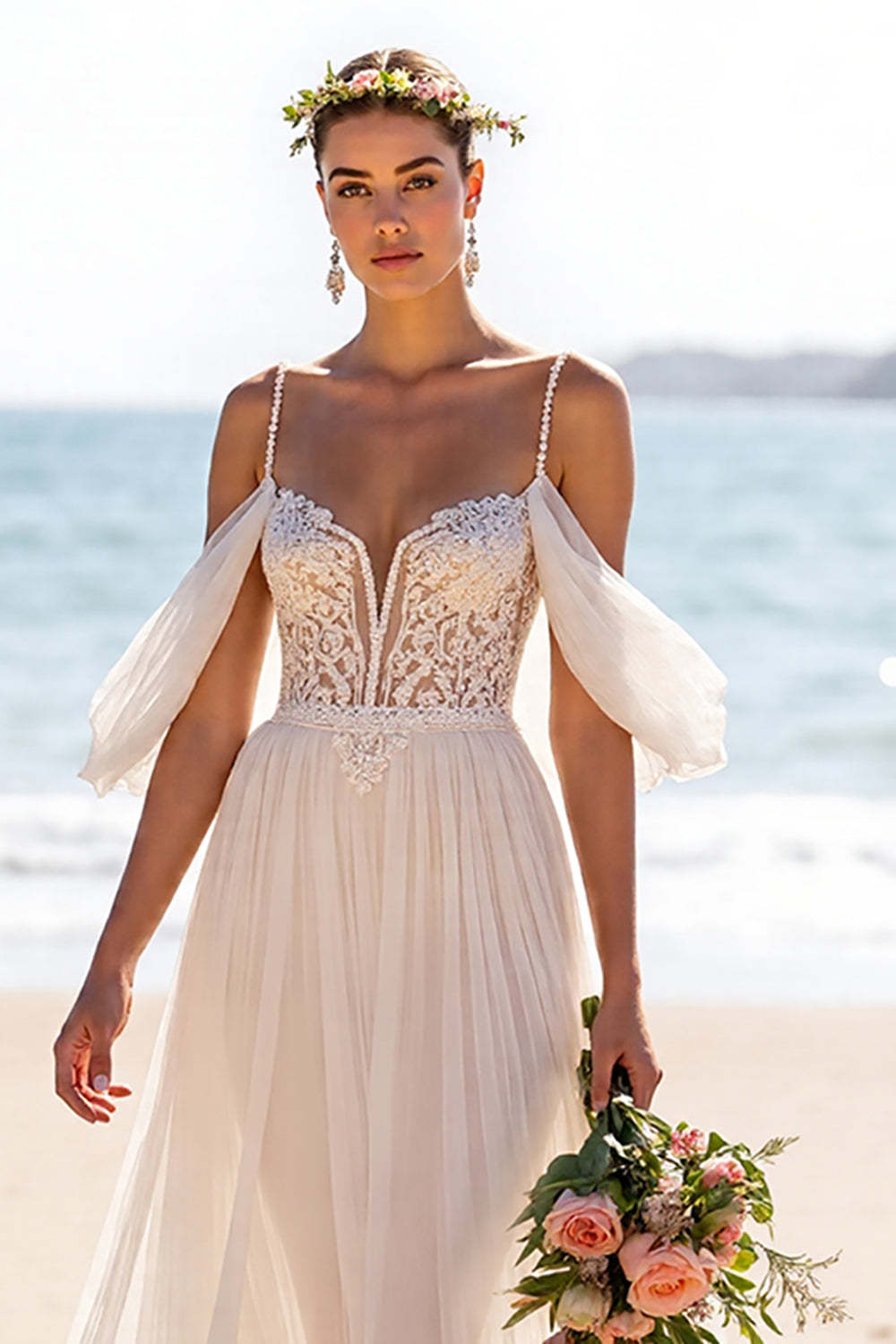 Boho Chiffon White A Line Maxi Beach Wedding Dress with Slit