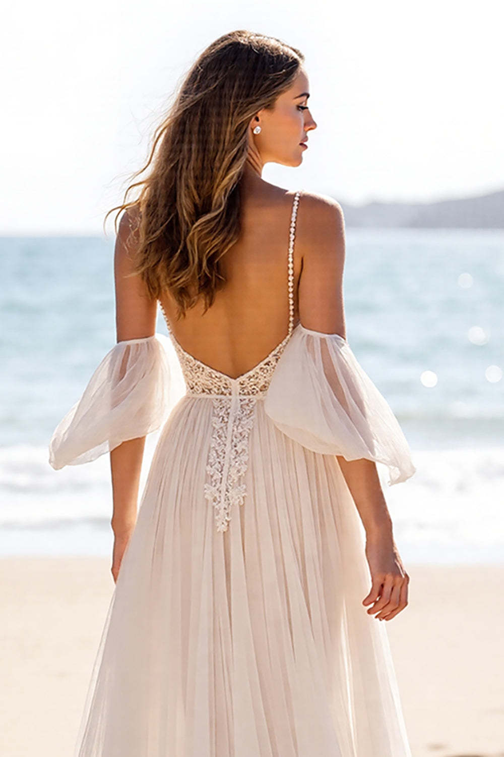 Boho Chiffon White A Line Maxi Beach Wedding Dress with Slit
